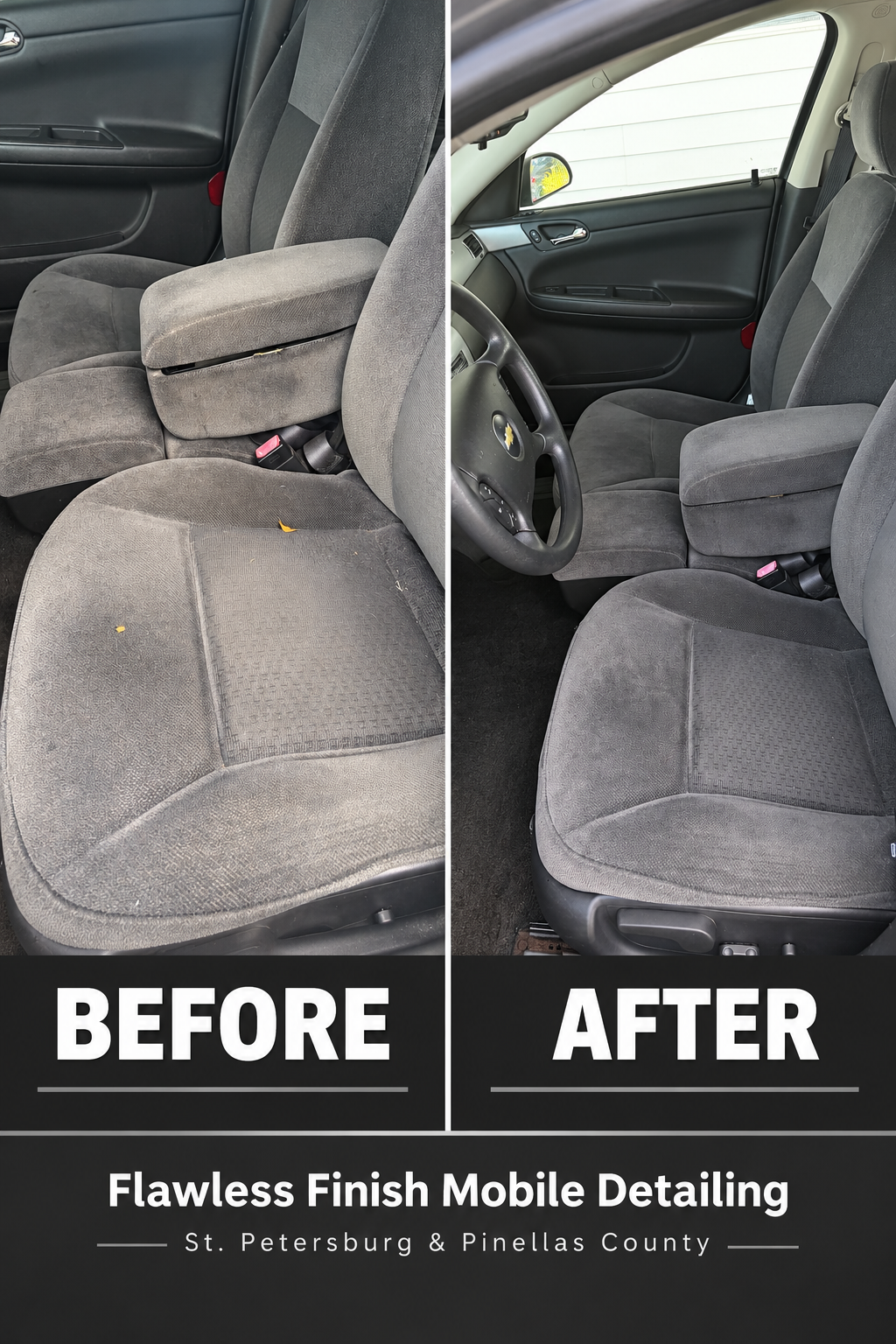 Before and after of a freshly detailed vehicle interior