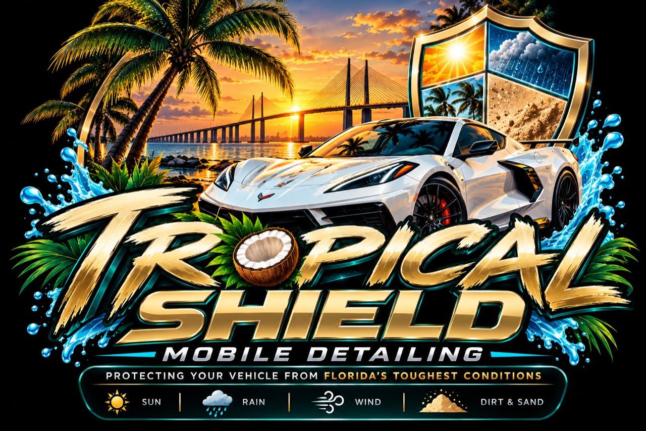 Tropical Shield Mobile Detailing: Florida sunset, palms, sports car and protective shield